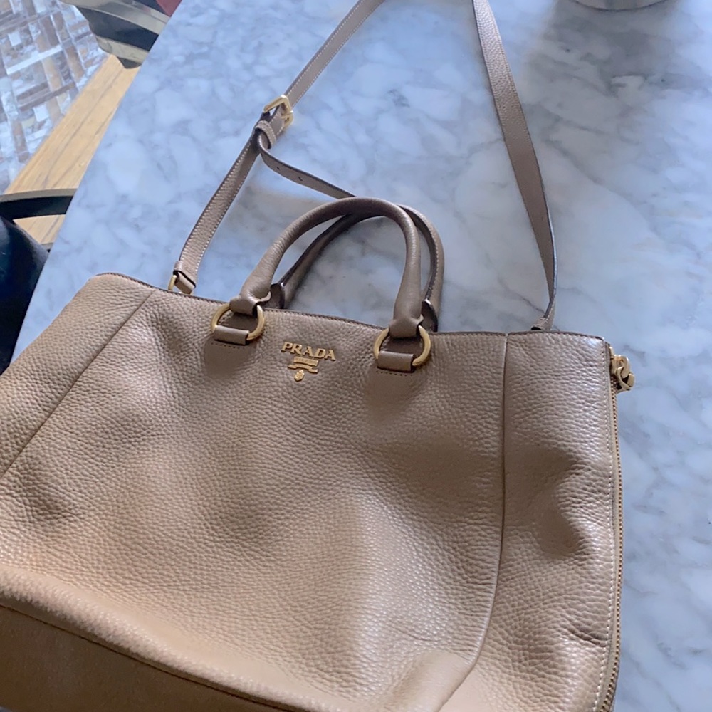 PRADA Beige Vitello Daino Expandable Crossbody Shopper Tote Bag - Picture 11 of 12